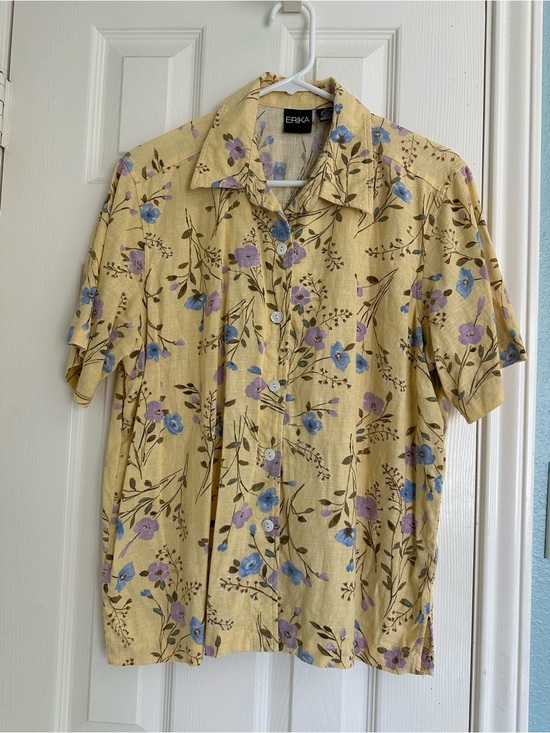 Erika Tops - Vintage Erika Linen Blend Short Sleeve Yellow Floral Button Down Shirt Size L